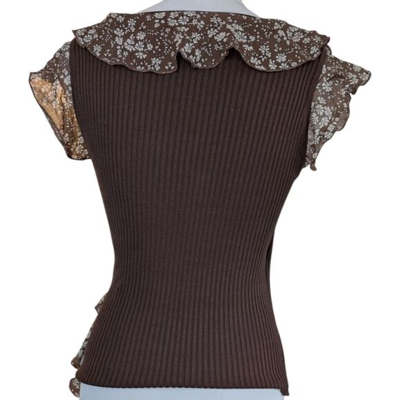 Wrap effect body fit silk blend Mocha brown top stretchy with silk raffl… - Picture 13 of 14